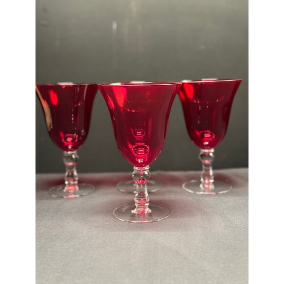 Set of 4 Ruby Red Goblets with Clear Stems – 7.5” Tall, Vintage Elegance - Picture 7 of 8